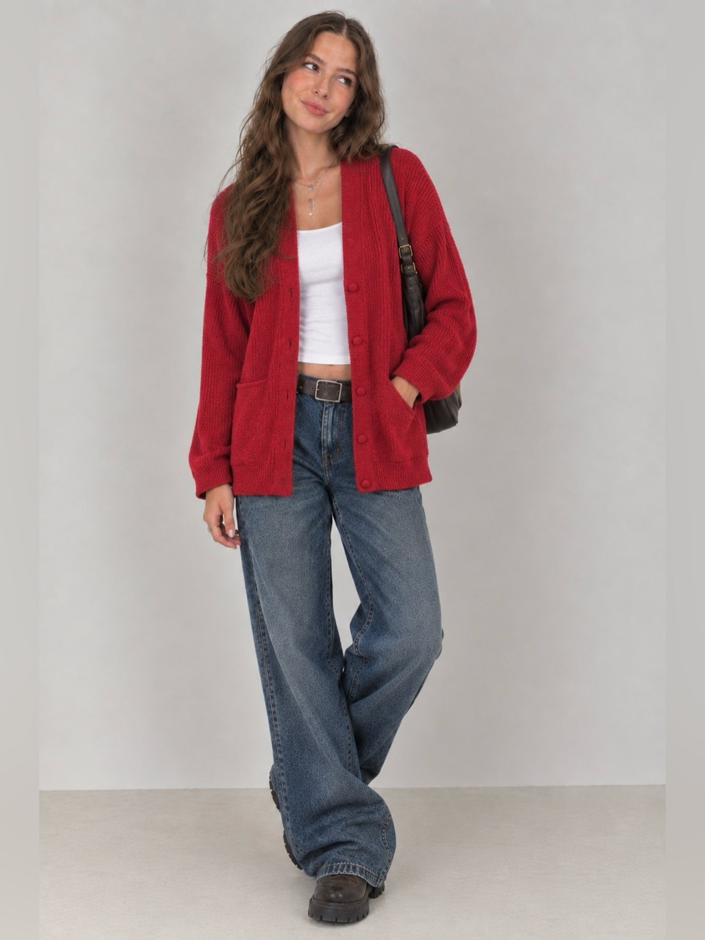 Yarnworks Bright Red Ribbed Button-Front Cardigan sweater- size XL